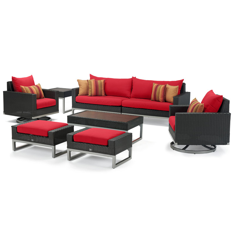 8 Piece Motion Deep Seating Patio Conversation Set, Brown, Canvas Jockey Red Sunbrella® Canvas