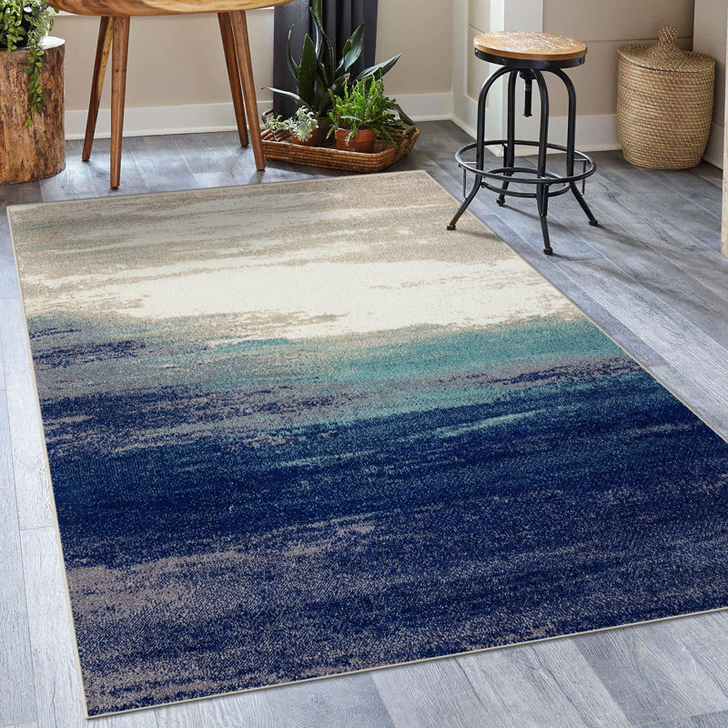Tapis abstrait bleu / crème Rifiki, Rectangle 5 pi x 7 pi