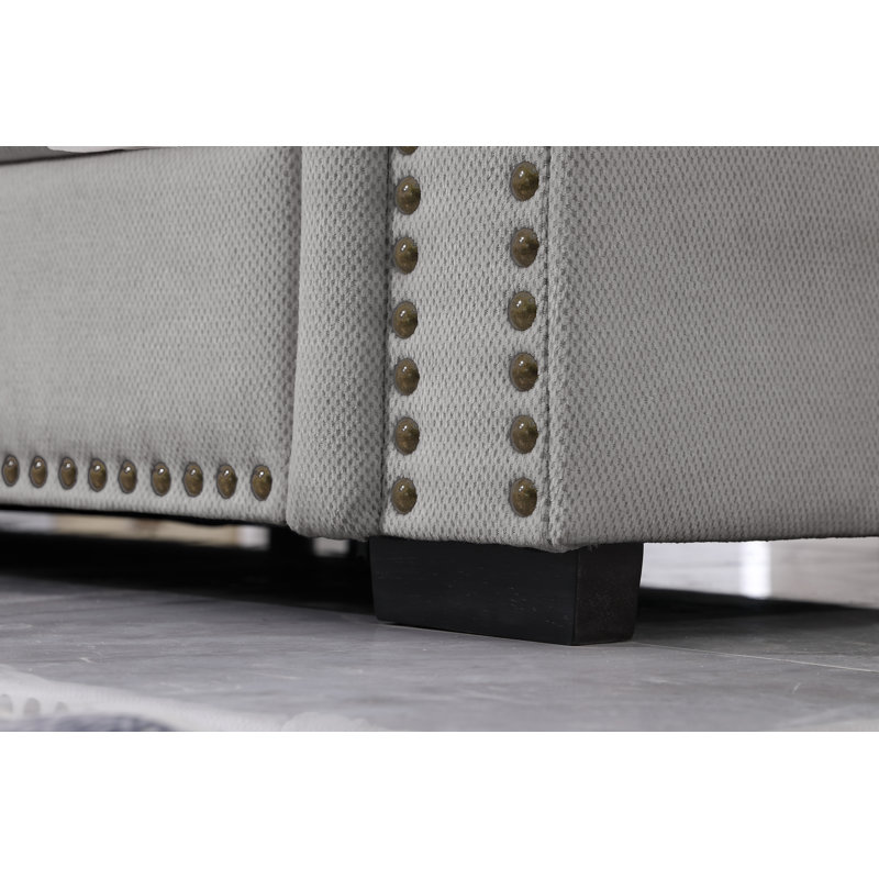 Errett Upholstered Corner Sectional with Storage & Cup Holder Console, 5 Throw Pillows, Light Gray Polyester