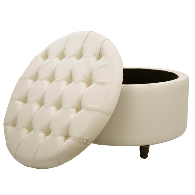 Classic 28-Inch Wide Button Tufted Round Storage Ottoman With Lift-Off Lid, Cream