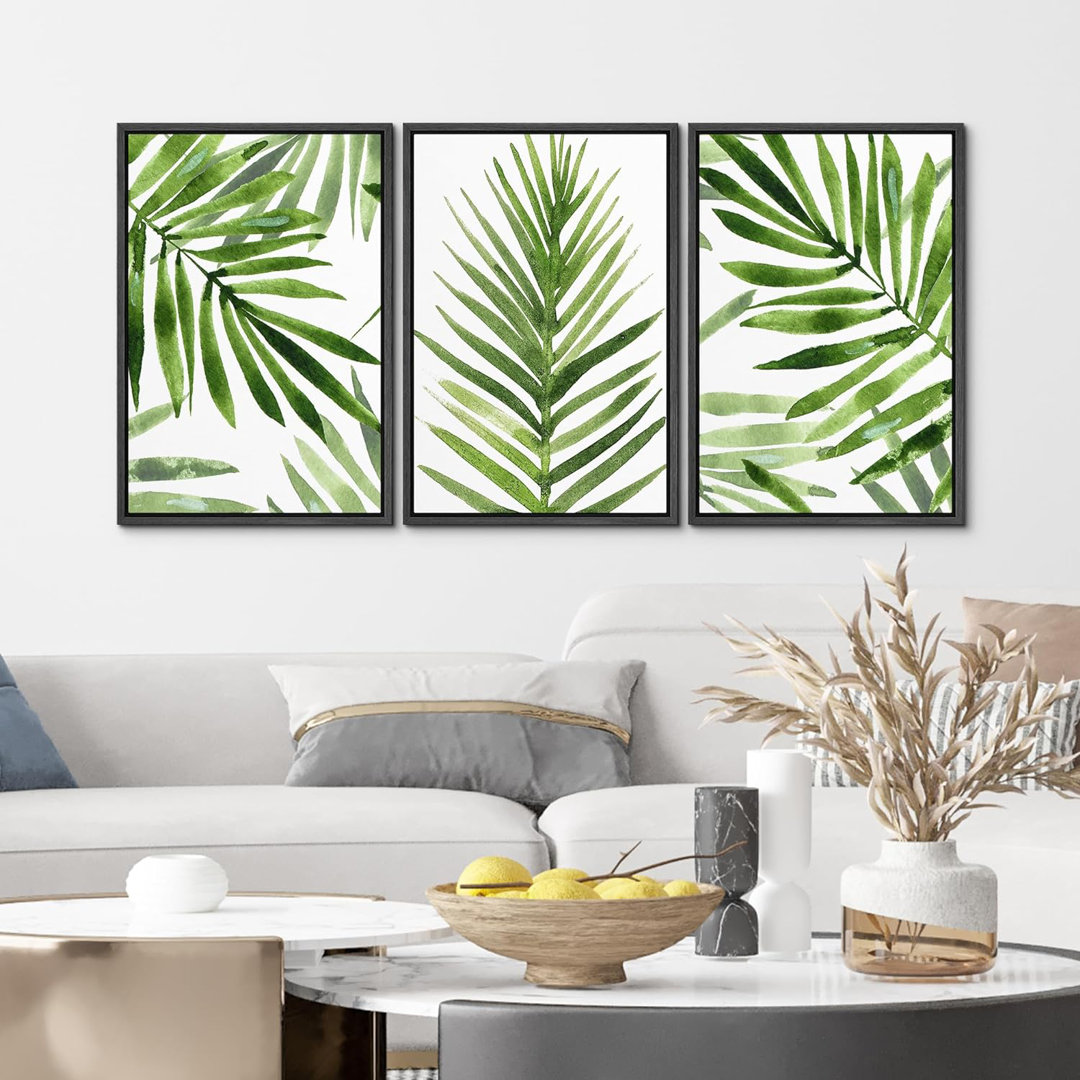 Minimal Botanical " Green Tropical Palm Leaf " 3 - Pieces IDEA4WALL Frame 