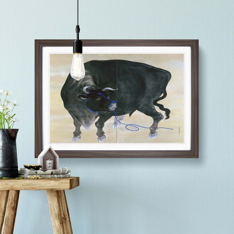 Black Bull by Mochizuki Gyokusen - Picture Frame Art Print, 48cm H x 65cm W x 2cm D, Walnut Framed