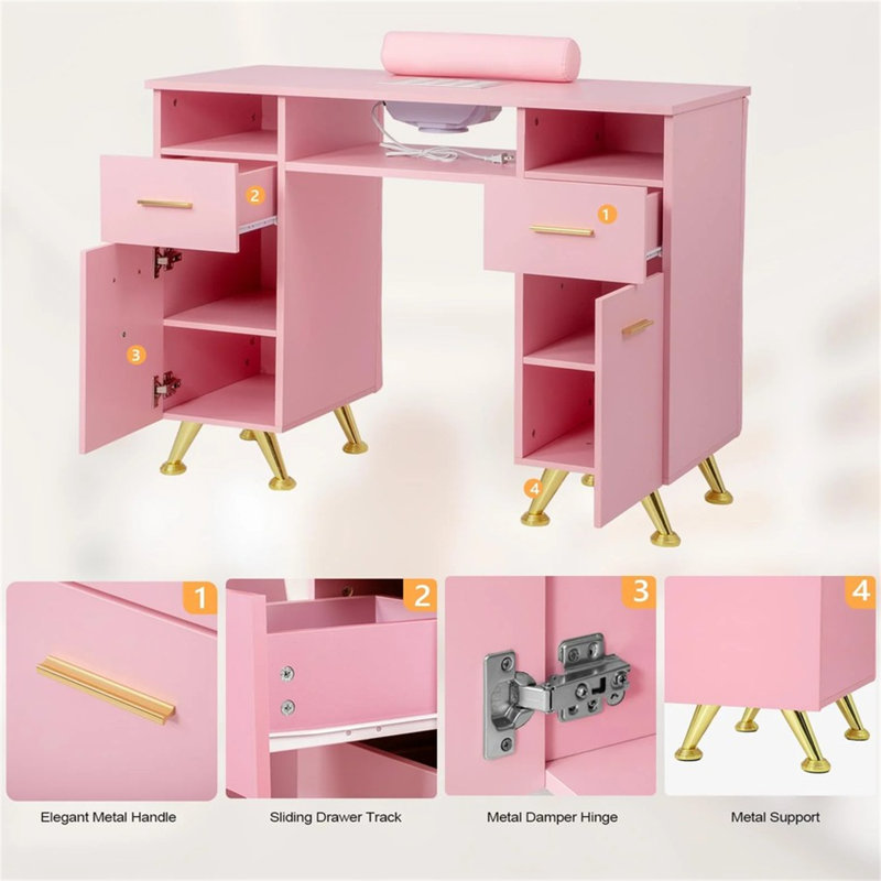 Élégant bureau de manucure rose avec décor de diamant, collecteur de poussière et repose-poignet, Rose
