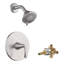 Garniture de douche de la collection Stilleto seulement: pomme de douche ronde à 3 fonctions de 4 po, ensemble de poignée simple et soupape brute incluse - nickel brossé-36865916