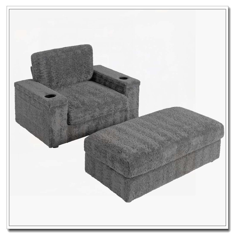 42" Oversized Upholstered  Sleeper Chair Chaise Lounge with Storage Ottoman and Armrests,Cup Holders, Gray