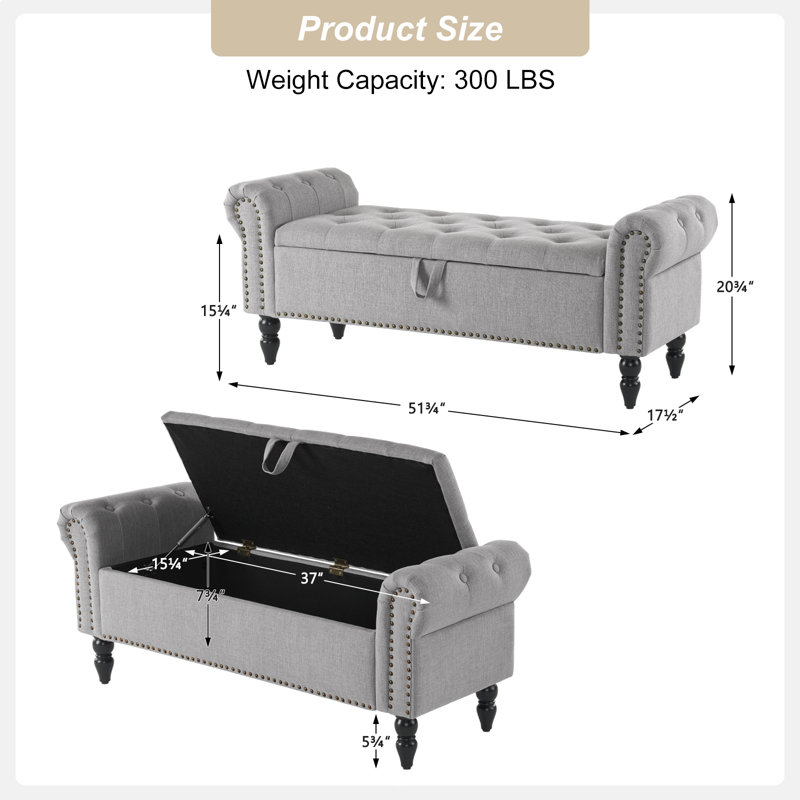 Demetric Upholstered Storage Bench, Gray