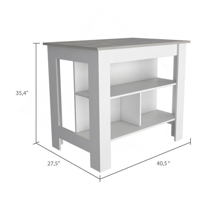 Îlot de cuisine, quatre pieds, trois tablettes, Gris clair / blanc, H 35,4 po x l 40,5 po x P 27,5 po