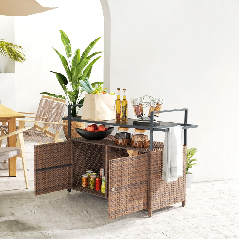 Table de bar d'extérieur en rotin PE à 2 niveaux