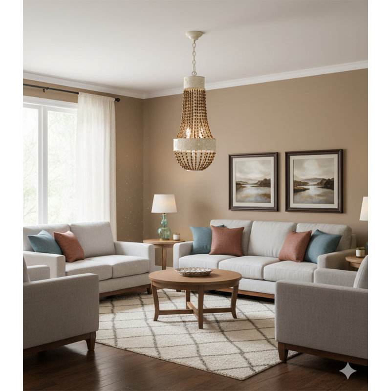 Luminaire suspendu 3 lumières crème avec perles dorées, H 28 po x l 12 po x P 12 po, Trois lumières