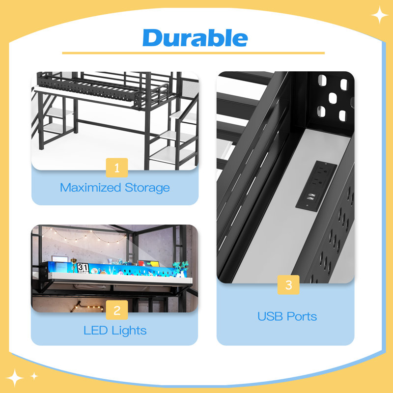 Metal Loft Bed Frame with USB Ports and LED Lights, Noise-reduced Design, Twin, Black
