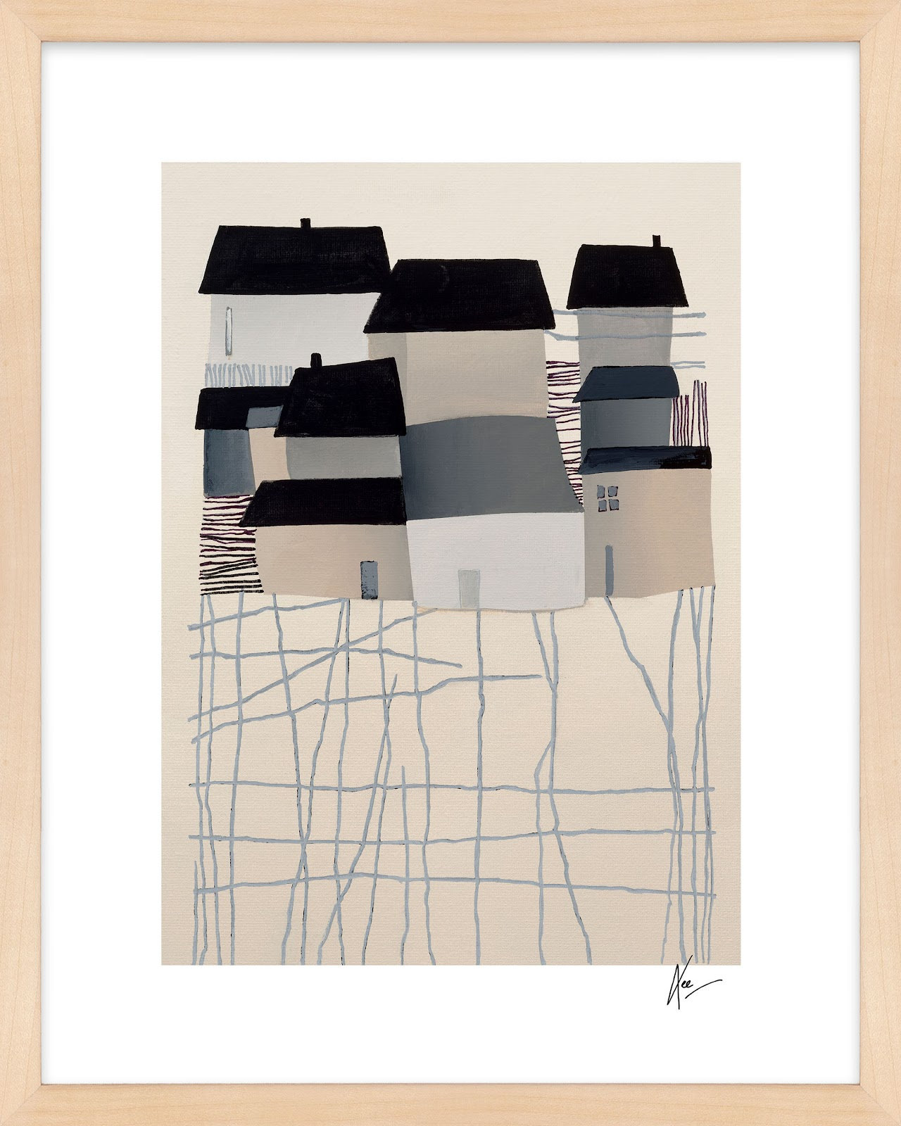 Village Print by Lee Lessem, 50" H x 40" W x 1.25" D, Maple