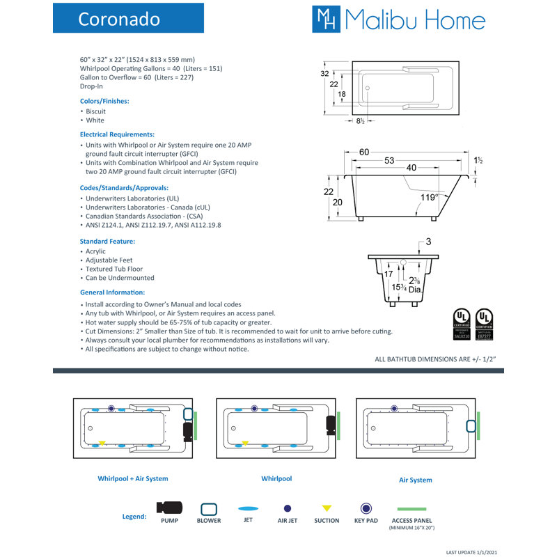 Coronado 60" x 32" Drop In/Undermount Soaking Bathtub, Biscuit