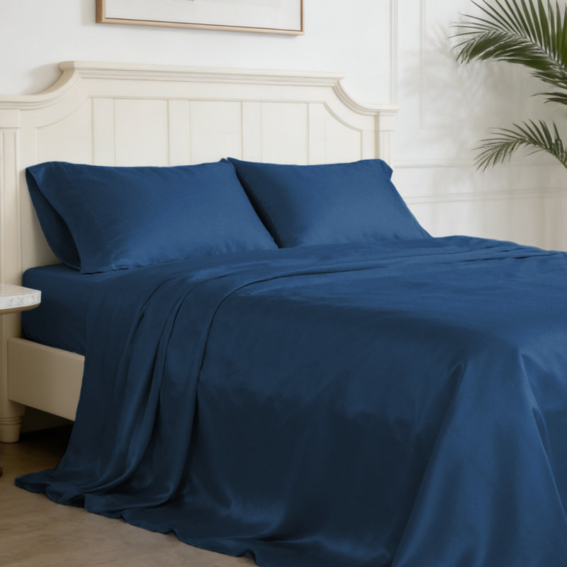 220-Thread Count Cotton Blend Sateen Soft Smooth Sheet Set With Pillowcase - Basics by Wayfair™, Navy