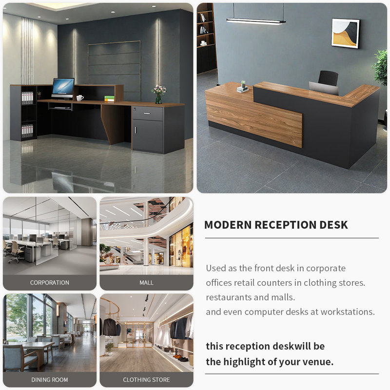 L-Shaped Reception Desk with Lockable Drawers, Computer Desk, and Storage Shelves/Front Desk, Grey/Light Brown