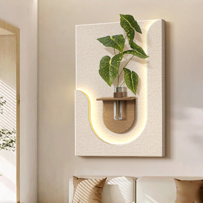 Art mural rectangulaire moderne en grès sculpté à la main moderne de style crème 3D avec plante artificielle et vase hydroponique pour le salon
