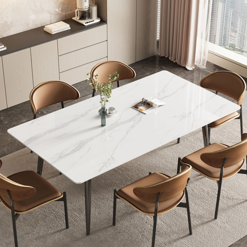 63" Rectangular Porcelain Sintered Stone Dining Bench Table with Black Tapered Steel Legs - Table Only