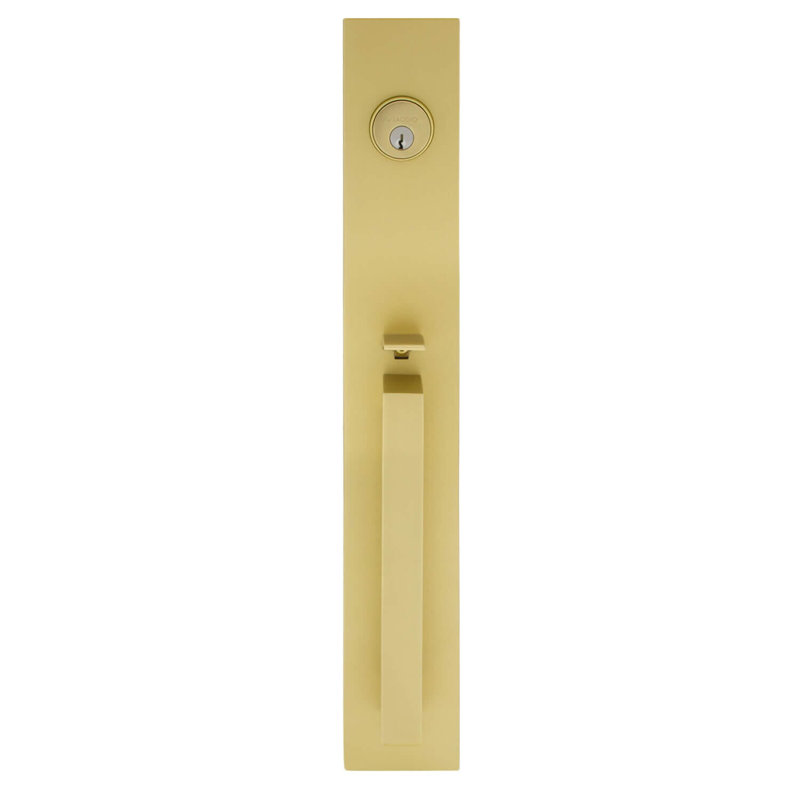 Viaggio Quadrato One-Piece Handleset With D Grip And Quadrato Rosette With Quadrato Crystal Knob, 2.375", Satin Brass