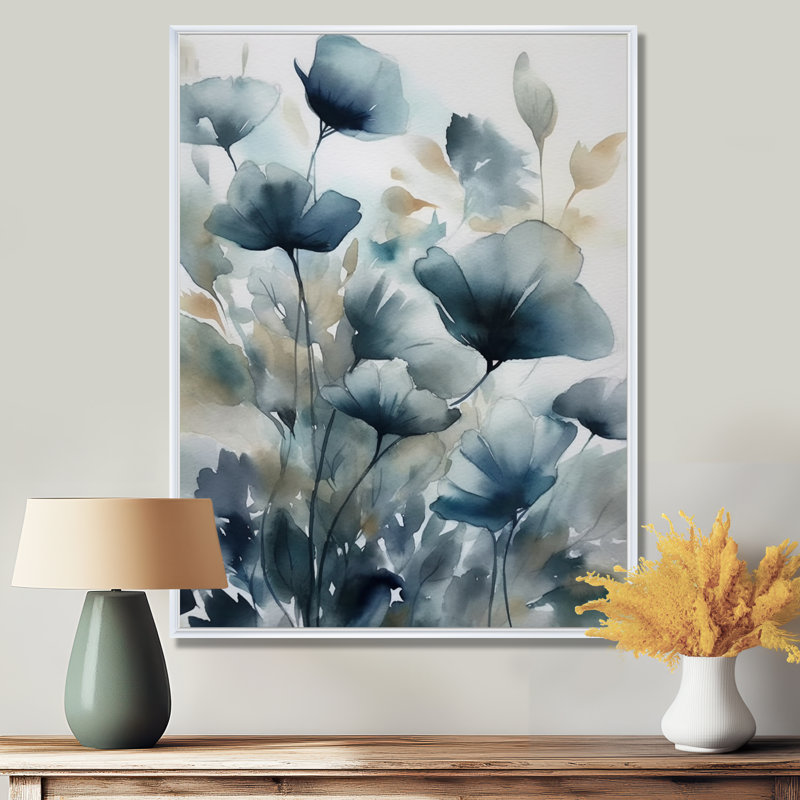"Blue Leaf Foliage And Flowers III", reproduction d'art sur toile, H 32 po x l 16 po, Cadre flottant blanc