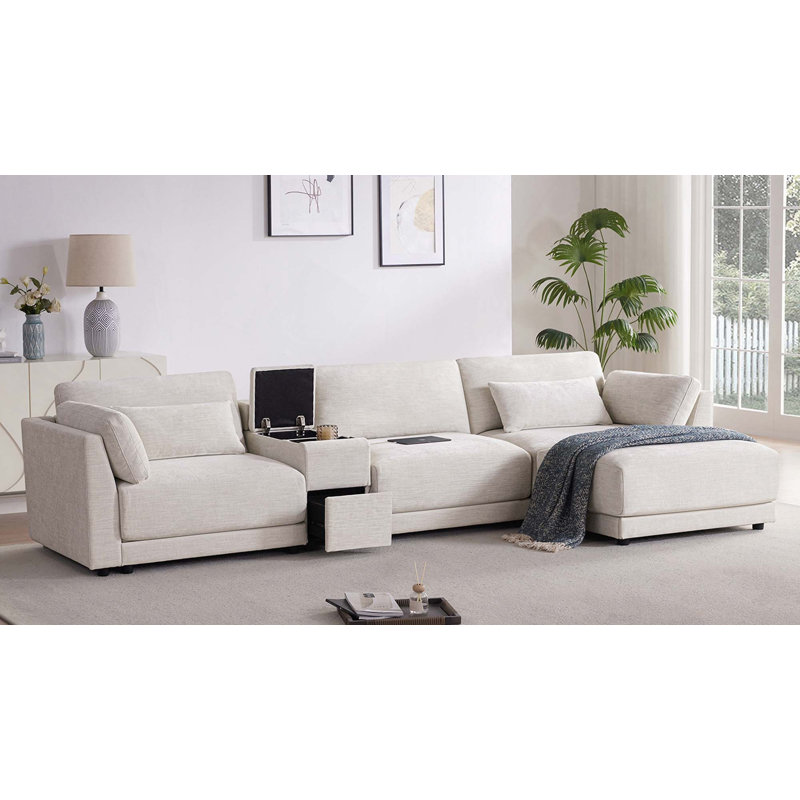 Canapé modulaire en L en chenille avec console de rangement, charge, repose-pieds mobile et design réversible pour le salon