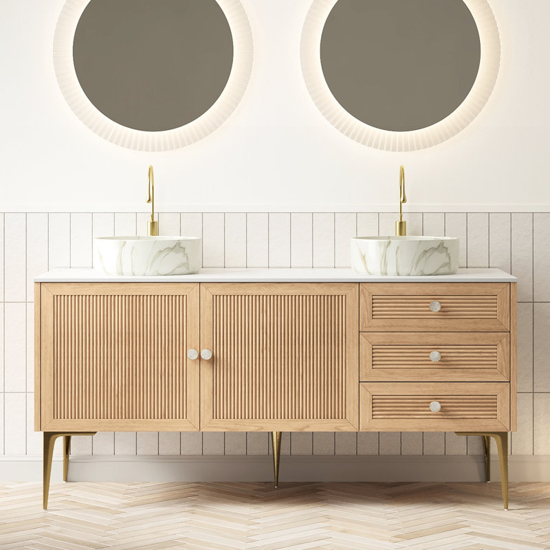 60" Bathroom Vanity With Two Stone - White Ceramic Basins, 3 Drawers, 2 Soft Close Doors, Oak , High Strength Plywood, Practical Design Modern Round Pattern, Finish, Pre Assembled, Water