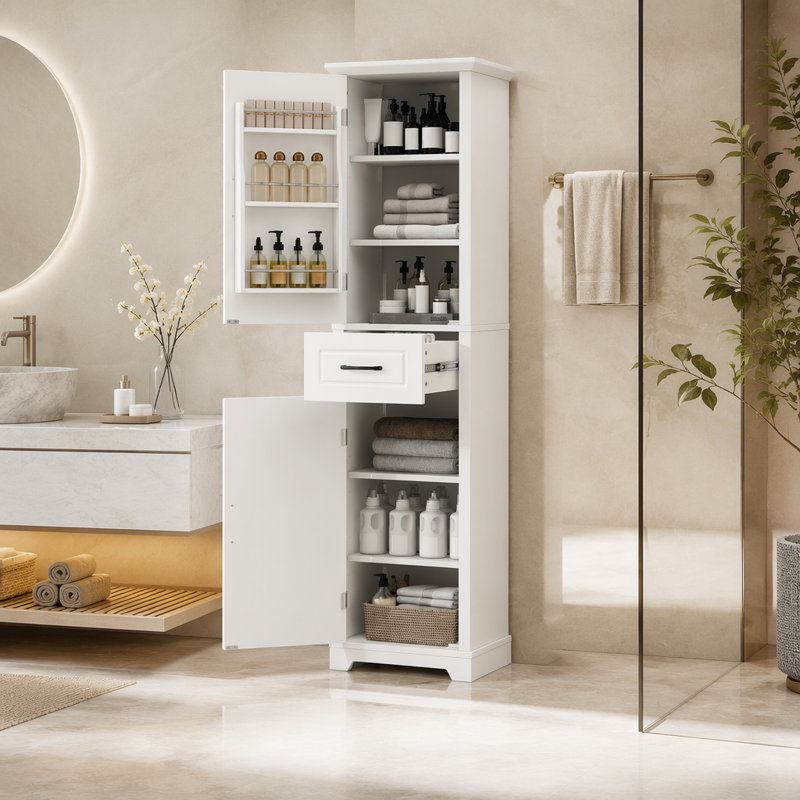 Grande armoire de rangement autoportante pour salle de bain avec tablettes réglables et tablettes de porte, Blanc