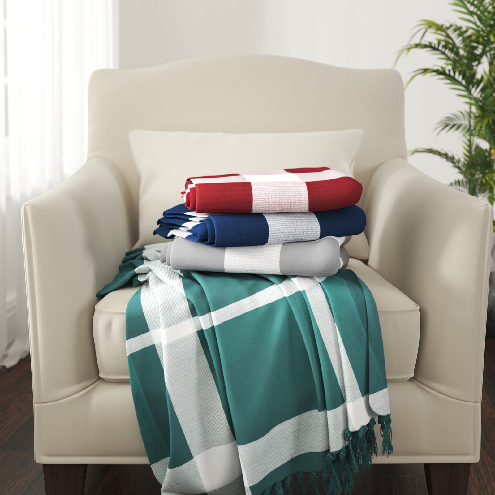 Plaid Cotton Throw Blanket, Blue