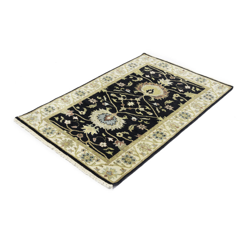 Tapis oriental noir à motif floral 3 x 5 peshawar