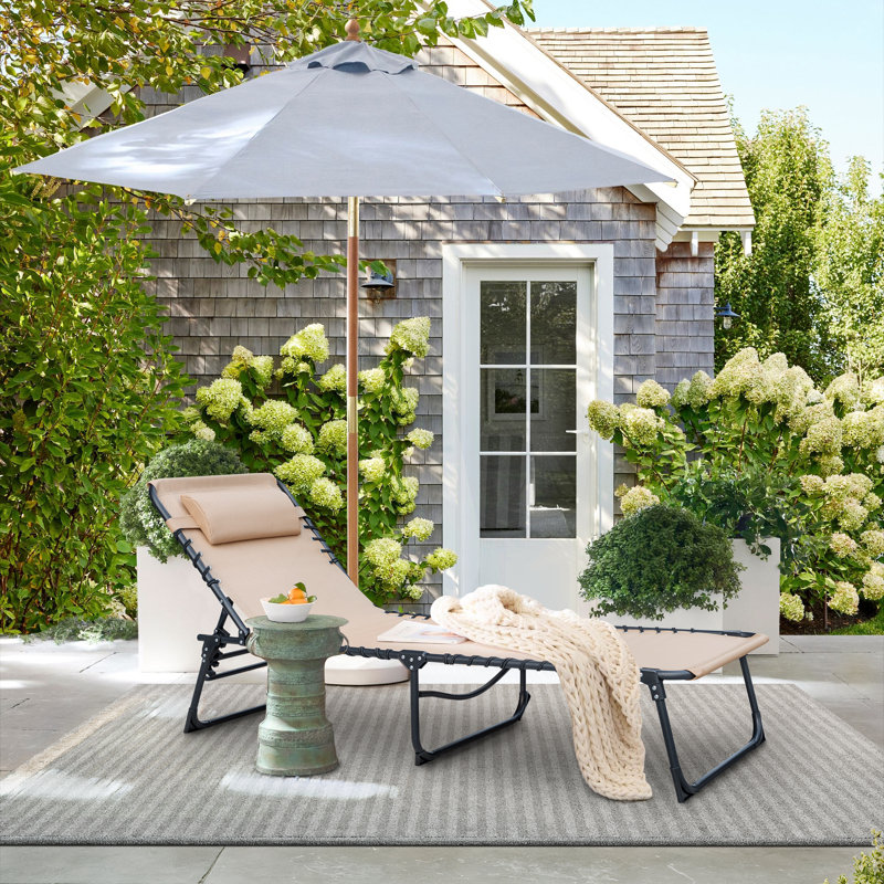 Serik 73.5" L Metal and Sling Folding Outdoor Chaise Lounge, Beige