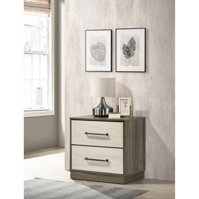 Table de chevet contemporaine 2 en chêne gris, avec un grand espace de rangement et des tiroirs couleur amande, idéale pour la décoration de la chambre.