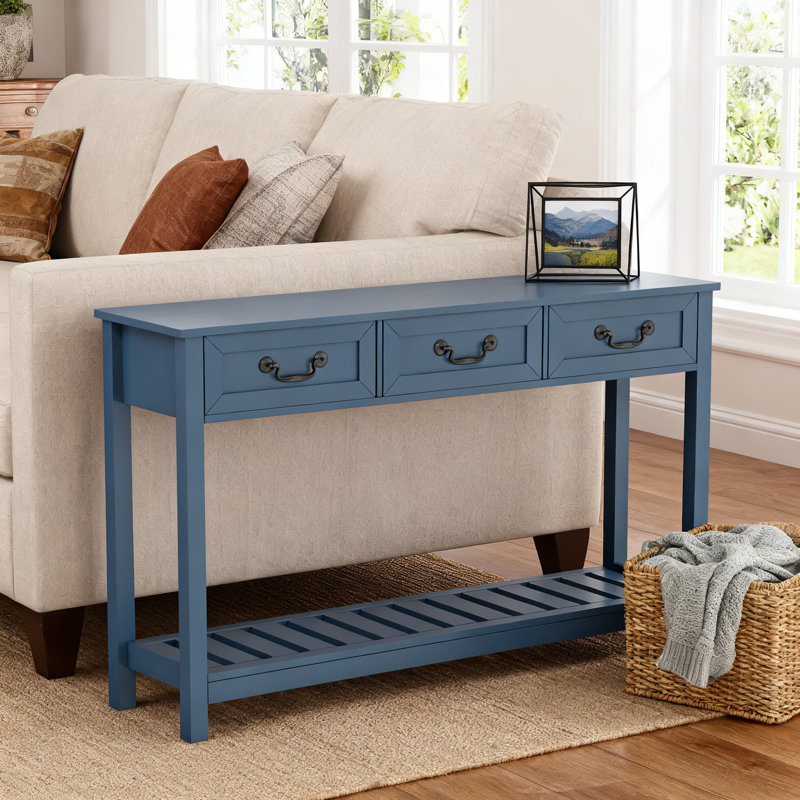 Console rustique avec 3 tiroirs, canapé long et étroit pour le vestibule et le salon, table de couloir de ferme avec tablette ouverte et poignées rétro