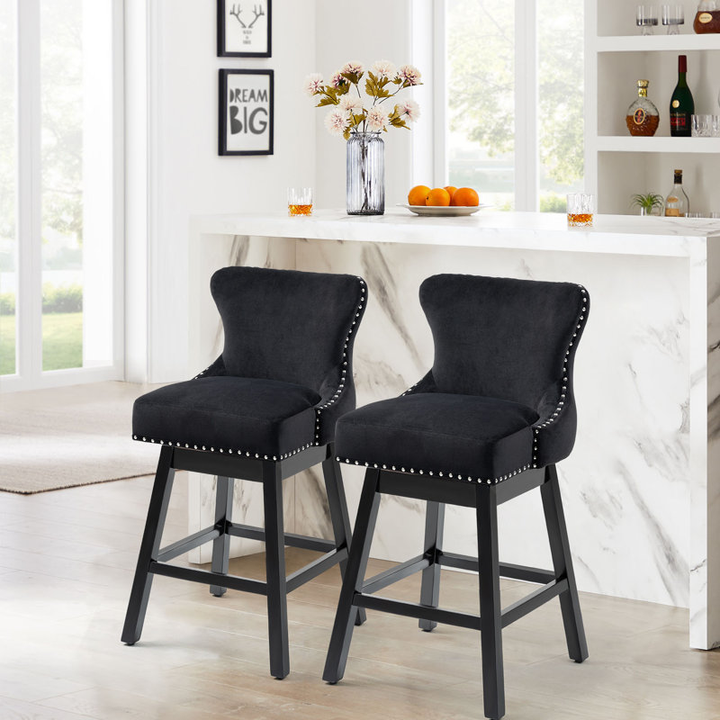 Upholstered 26" Swivel Counter Stools With Solid Wood Legs, Black, 2