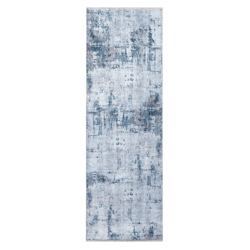 Tapis gris / bleu en chenille tissé à la machine Xadiel, Tapis de couloir 2 pi 6 po x 8 pi