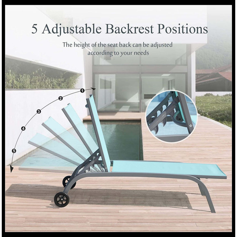 Ergonomic Chaise Lounge Outdoor Set Of 3, Lightweight Lounge Chairs For Outside With Easy-Glide Wheels, 5-Position Adjustable Outdoor Lounge Chairs, Premium Pool Lounge Chairs For Patio & Beach (Lake Blue, 2 Lounge Chairs + 1 Table)