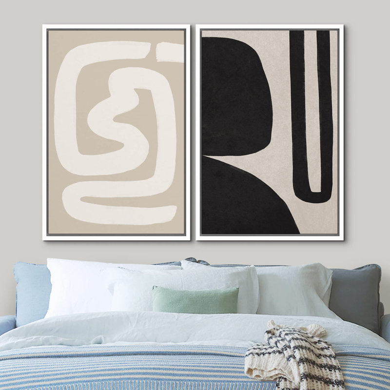 Noir et blanc, personnages du milieu du siècle, art géométrique abstrait, art mural Relax Calm 2 pièces, Blanc