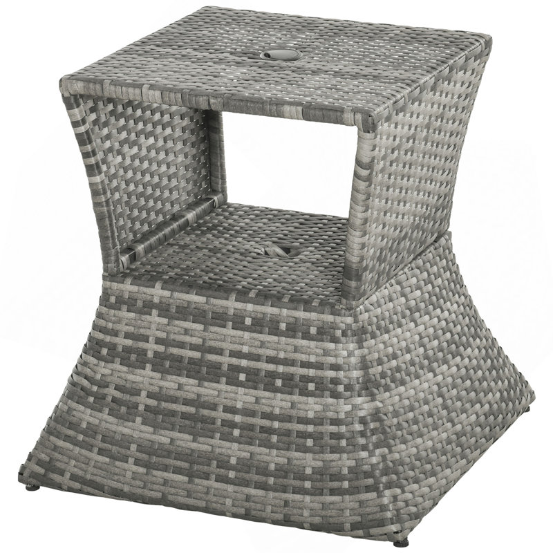 Outsunny Rattan Wicker Side Table With Umbrella Hole, 2 Tier Storage Shelf For All Weather For Outdoor, Patio, Garden, Backyard, Mixed Grey