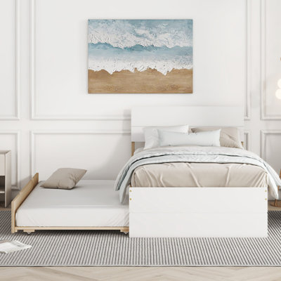 Modern Twin Bed Featuring White Gloss Headboard, And Oak Precious Functional Trundle With High Head Foot Panels Desirable Valuable Multipurpose