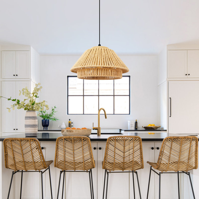Hand-woven Rattan Pendant Light, Adjustable Height Boho Ceiling Light Fixture For Kitchen Island, Living Room, Bedroom
