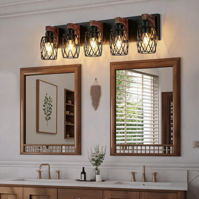 Applique murale 5 lumières 31 po noir et noyer industriel avec abat-jour en métal et décorations en bois