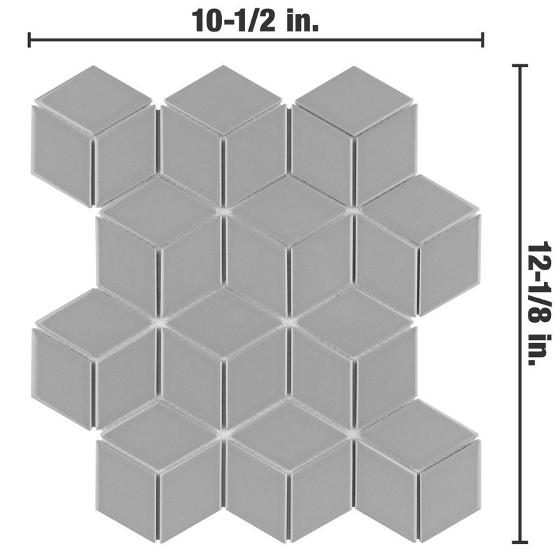 Metro Rhombus 10-1/2 " x 12-1/8 " Porcelain Mosaic Floor & Wall Tile, Glossy Light Gray