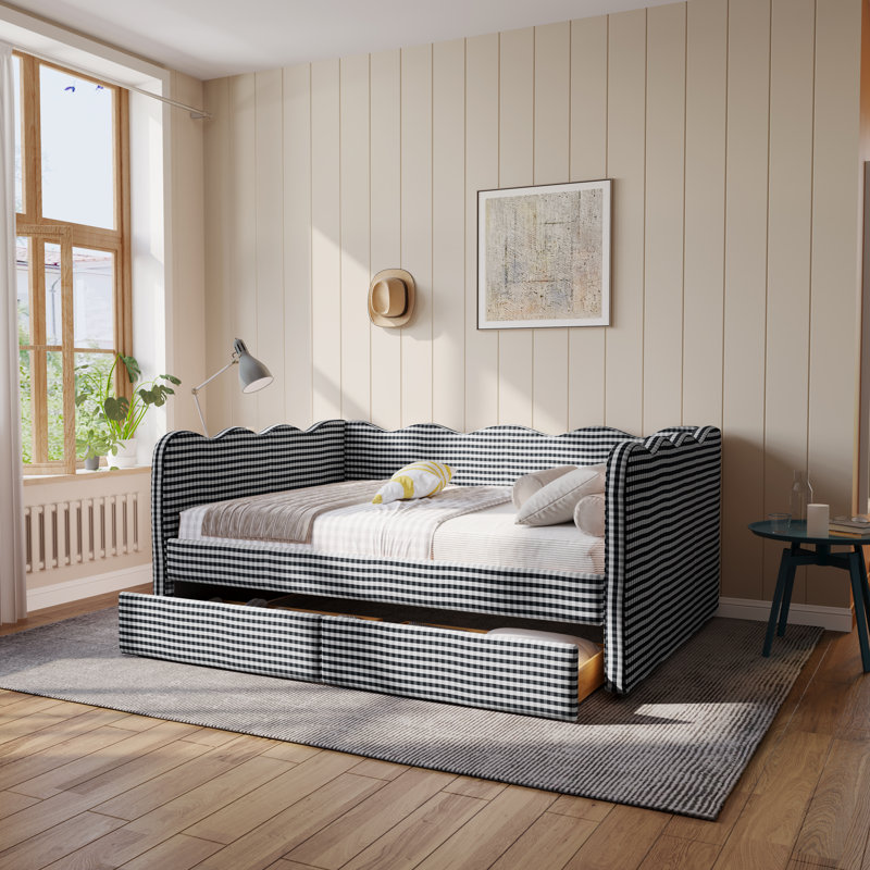 Gingham Daybed With 2 Storage Drawers And Usb Port, Wave-Shaped Design, Full, Black
