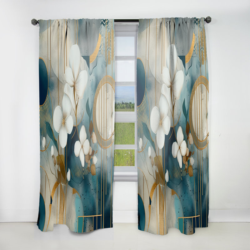 Fiorelli - Golden Blue Mosaic Floral Design III - Floral Curtain - Velvet Room Darkening - 1 panel, 52" W x 95" L