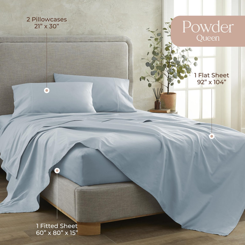 Draps 100% coton biologique pour grand lit - Draps certifiés biologiques GOTS avec poche profonde et tissage en satin de coton respirant et confortable qui devient plus doux à chaque lavage - Ensemble de luxe 4 pièces (poudre, grand)
