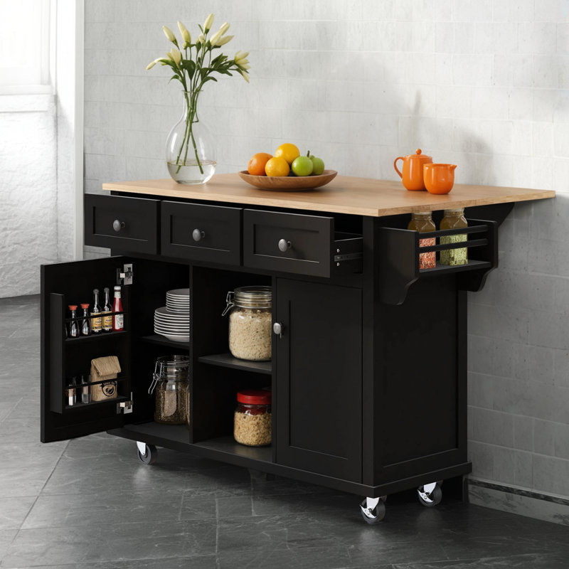 Ce chariot de cuisine comprend un plateau rabattable en bois d'hévéa et cinq roulettes pour une mobilité stable. Il comprend des armoires de rangement, trois tiroirs de salle à manger et des tablettes à l'intérieur des portes de l'armoire, offrant u