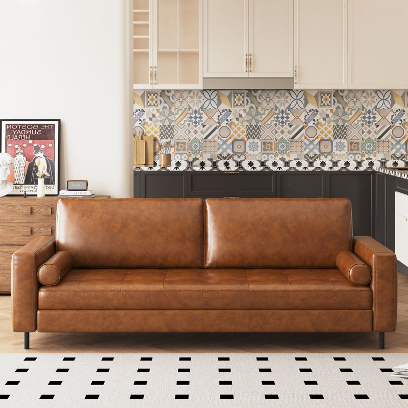 80.31" Genuine Leather Couch - Unparalleled Luxury Mid-century Leather Couch – The Embodiment Of Cozy Lounging And Contemporary Design