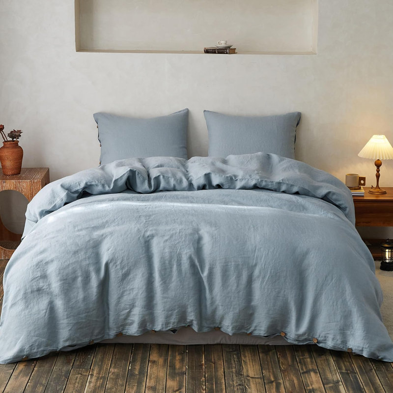 Duvet Cover Set-Button Loop, Queen Duvet Cover + 2 Standard Shams, Dusty Blue