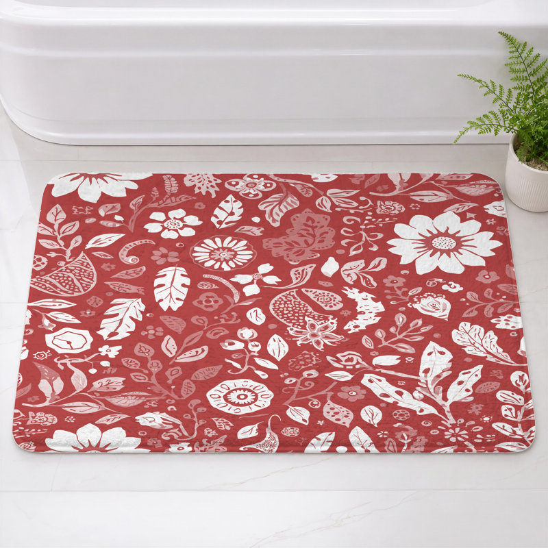 Tapis de bain à motif floral, 24 po L x 17 po L, Medium Red White