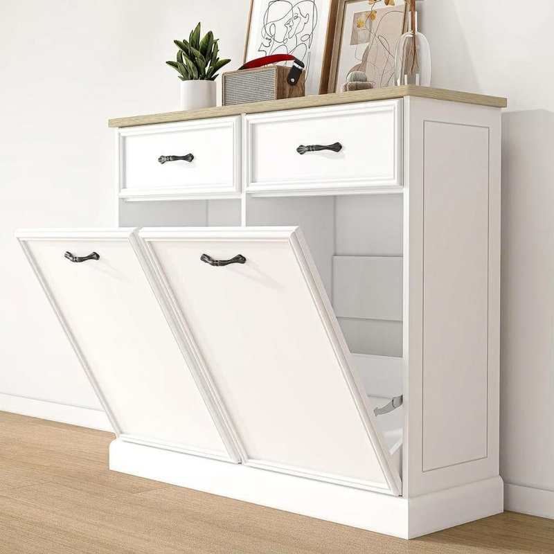 Armoire à ordures à double basculement double, rangement pour poubelle cachée à l'épreuve des animaux de compagnie de 20 gallons, organisateur autoportant moderne en bois blanc pour la cuisine et la lessive