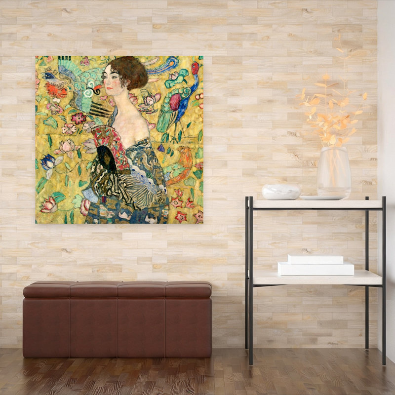 Lady With A Fan Abstract Classic Colorful Bird Wildlife Wall Art Print by Gustav Klimt - Wrapped Canvas Print