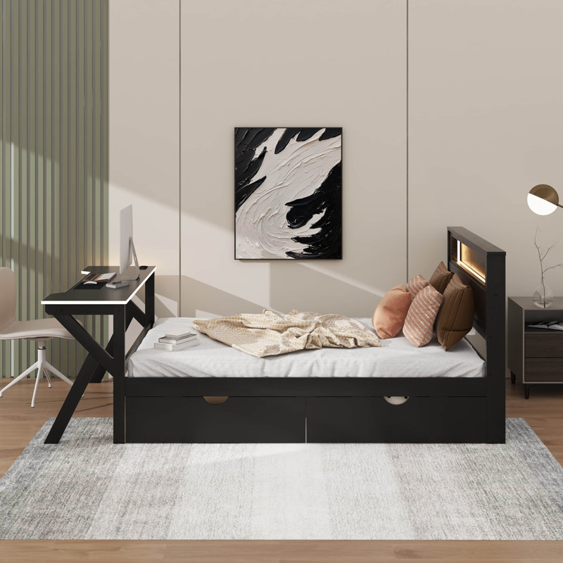 Lit plateforme en bois pleine grandeur avec tête de lit à DEL, bureau à DEL, USB et tiroirs, Lit double
