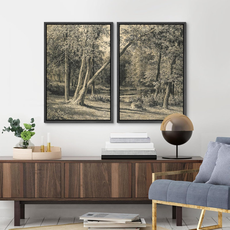 «Rustic Countryside Forest Trees Landscape», reproduction sur toile encadrée 2 pièces, Noir, H 24 po x l 32 po x P 1,5 po